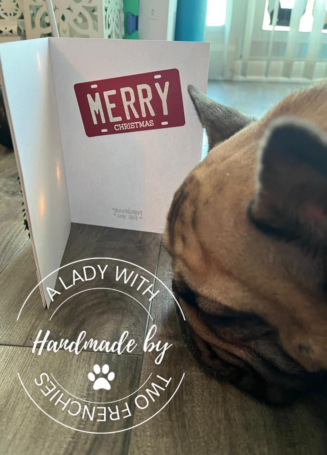 Frenchie in Jeep - Xmas Card