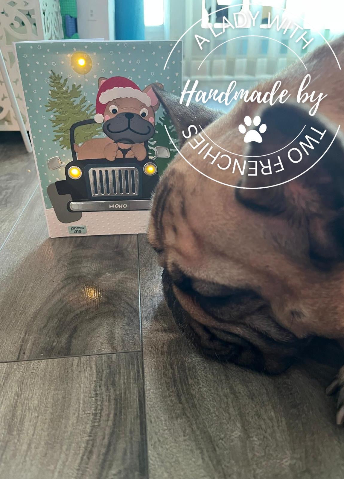Frenchie in Jeep - Xmas or Holiday Card