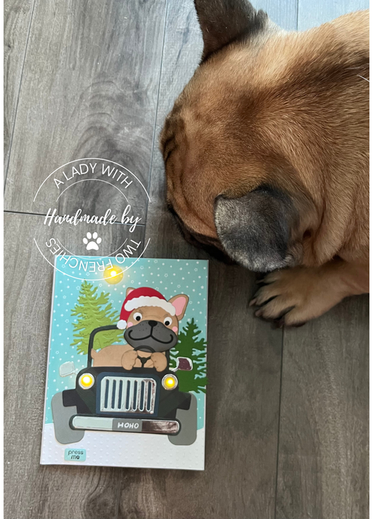 Frenchie in Jeep - Xmas or Holiday Card