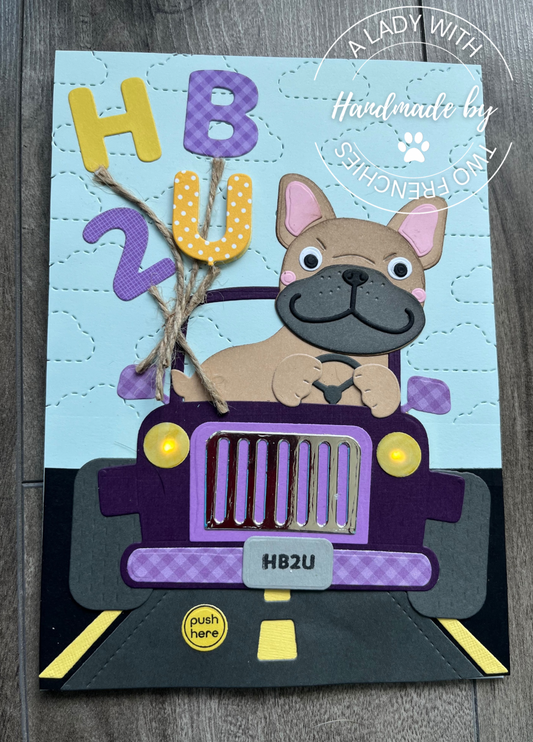 Frenchie in Jeep - Birthday Card