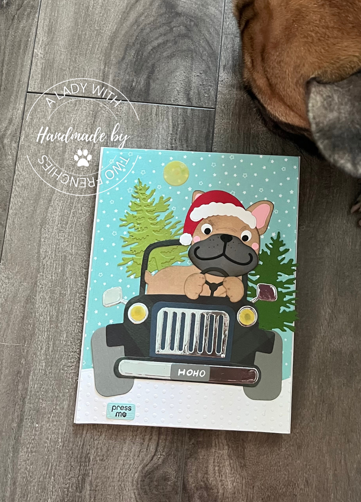 Frenchie in Jeep - Xmas or Holiday Card