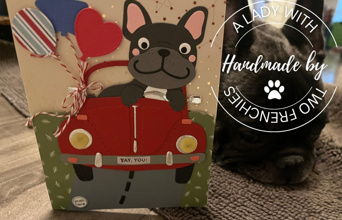 Frenchie in VW Birthday Card