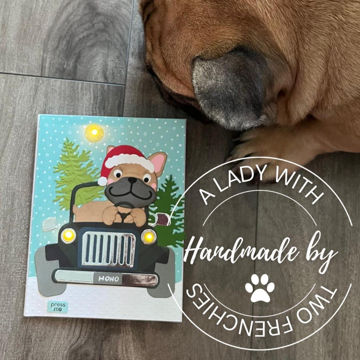 Frenchie in Jeep Xmas Card