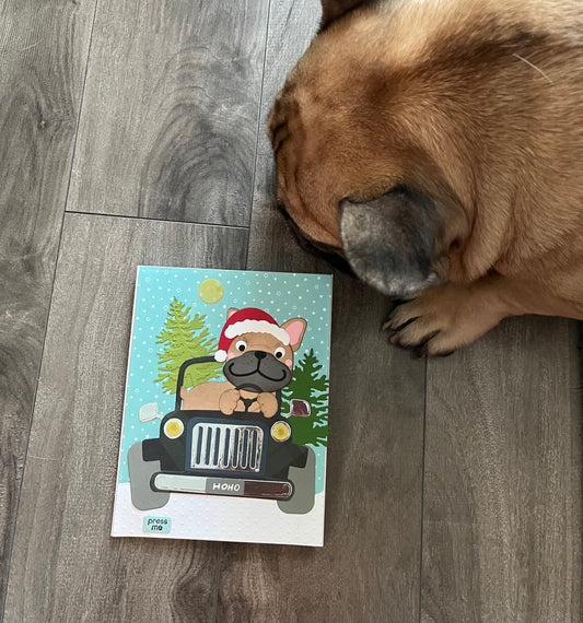 Frenchie in Jeep - Xmas or Holiday Card